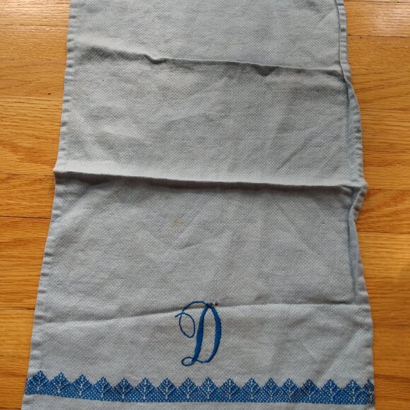 Vintage Monogram D Tea Towel Blue Embroidered Cloth Napkin Doily AS IS DAMAGED - Picture 2 of 13